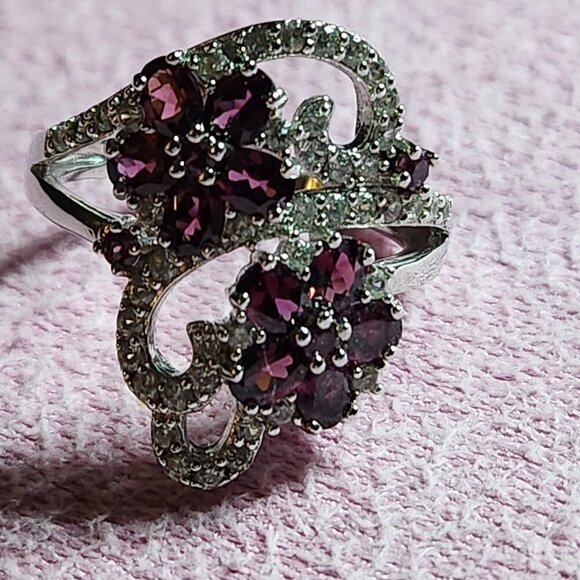 JTV Raspberry Rhodolite White Zircon Sterling Silver Ring - Picture 1 of 9